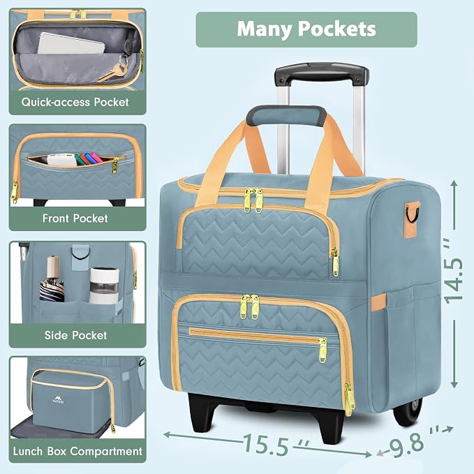 MATEIN Rolling Teacher Tote Bag, 15.6 Inch Rolling Briefcase for Women with Wheels & Detachable Cart, Roller Laptop Bag on Wheels with Insulated Lunch Box for College Business Office, Blue