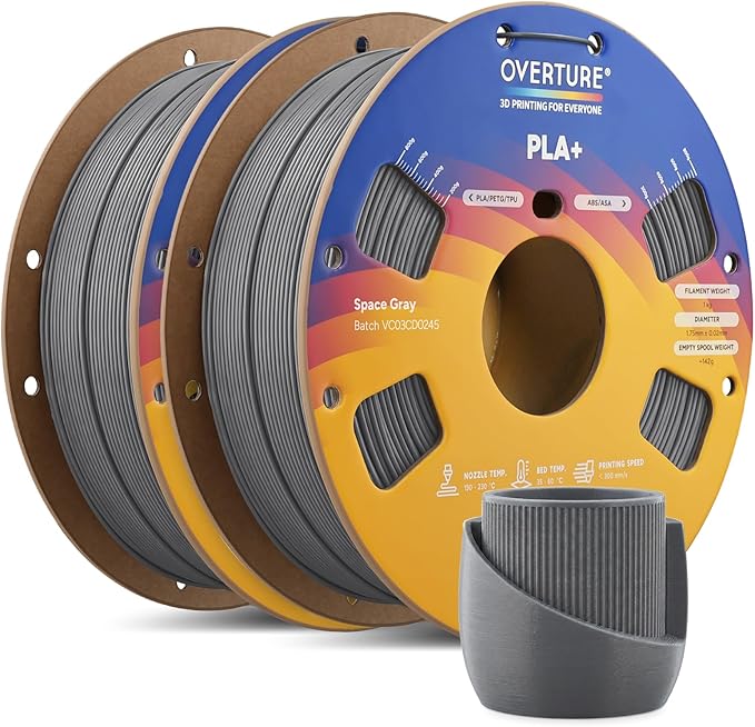 OVERTURE 2KG Bundle High Speed PLA+ 3D Printer Filament 1.75mm, Upgraded Rapid PLA 2.0 with Enhanced Toughness & Stability, 2 Pack 1kg Spool (2.2lbs) Fit Most FDM 3D Printers (Space Gray*2)