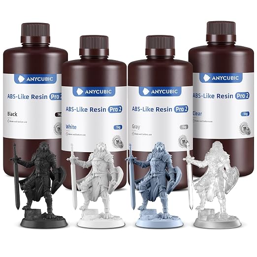 ANYCUBIC 3D Printer Resin Bundle, ABS-Like Resin Pro 2 with Enhanced Strength and Toughness, Performance far Superior to ABS-Like Resin, Grey+Clear+White+Black,1kg per Bottle, 4kg in Total