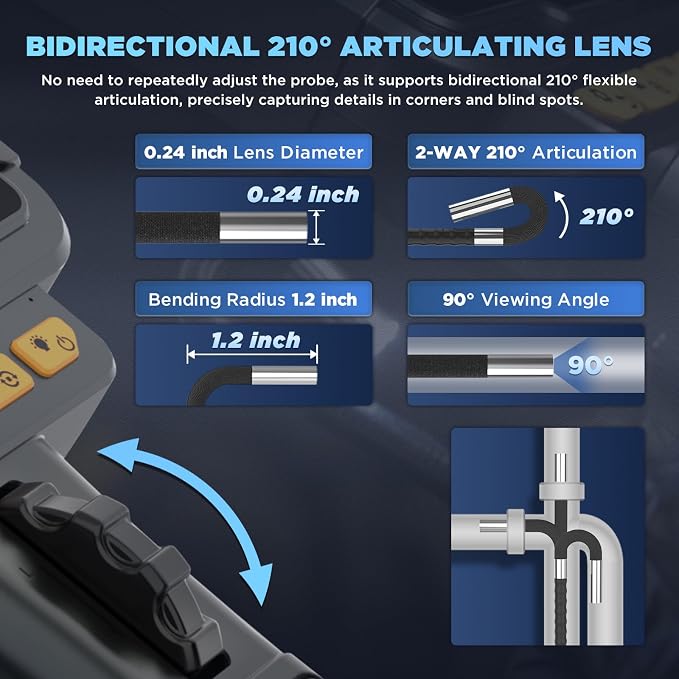AUTOOL Two-Way 210°Articulating Borescope with Light Endoscope Camera | 6.25mm Lens IP67 Waterproof 1M Cable Photo Video Record