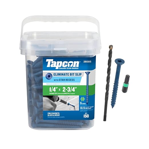 Tapcon 1/4 x 2-3/4 Inch Blue Climaseal® Star Head Concrete Anchors, 150 PCS, Corrosion Resistant Coating, Heavy-Duty Concrete and Masonry Screws, Superior Holding Strength, Drill & T-30 Bit Included