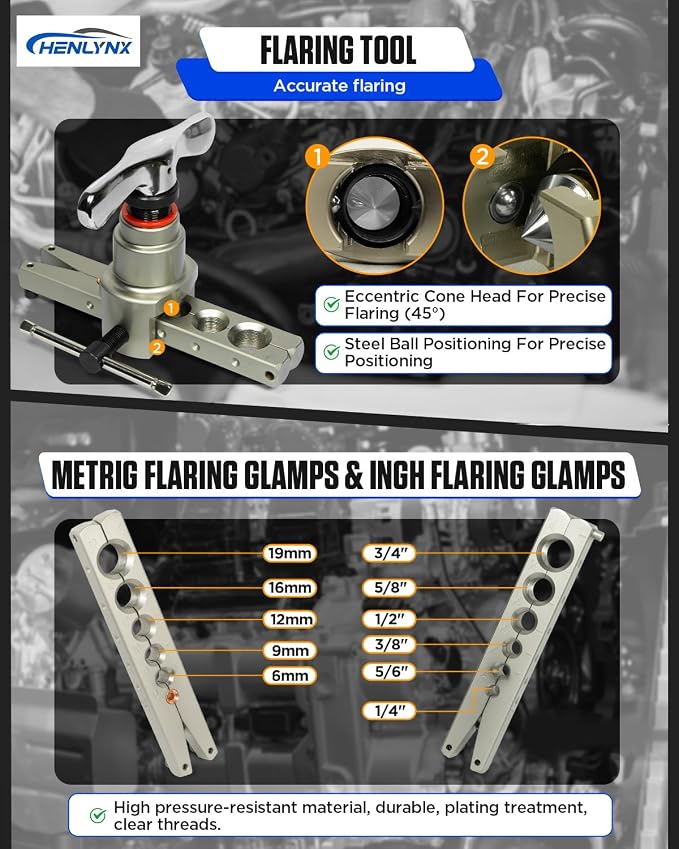 HVAC & Auto AC Manifold Gauge and Flaring Tool Kit - 3 Way Gauge Set for R22 R134A R410A R32 with Flaring Tool, Tube Cutter, Deburrer for Copper Aluminum Pipes, Car Air Conditioner Repair