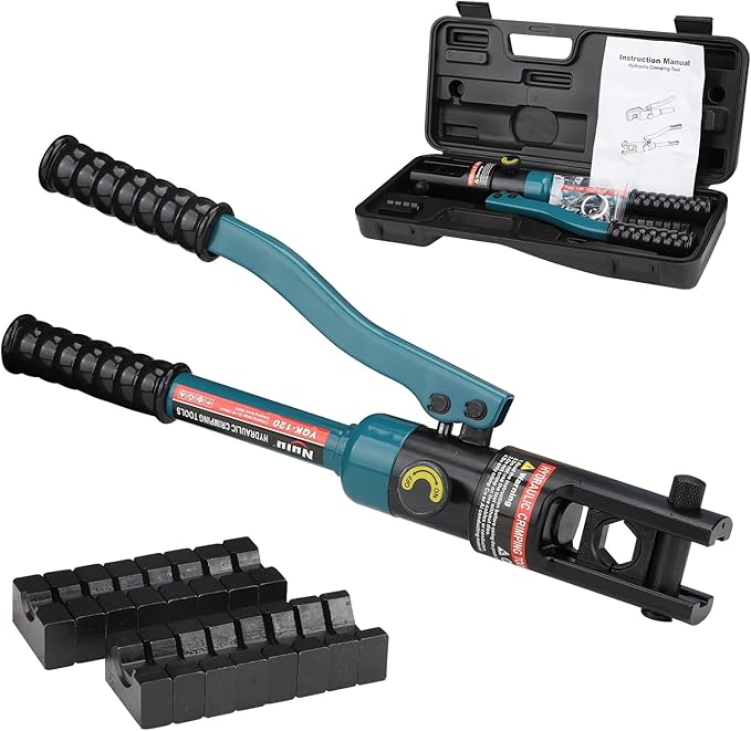 YQK-120 Hydraulic Crimping Tool 8T, Wire Crimper for Battery Cable Terminals 10-120mm²(8 AWG to 4/0 AWG) with 8PCS Hex Dies, 16mm Stroke,180°Swivel Head - Professional Electrician Crimper(Blue)