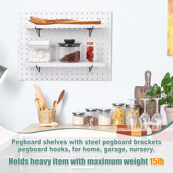 Qunclay 8 Pack Pegboard Shelf Set Wooden Shelves with Metal Brackets Hook Wall Pegboard Shelving Heavy Duty Accessories for Crafts Home Office Garage Workbench(White)