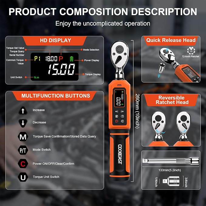 coobeast Digital Torque Wrench, 3/8 Drive Electronic Torque Wrench Set with Preset Value(0.66-44.29 Ft-lbs./0.9-60Nm), Buzzer and LED Flash Five Units of Measure Torque Wrench for Bicycle, Bike