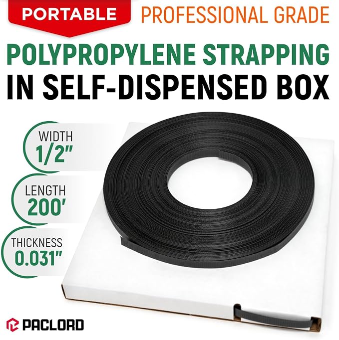 1/2" x 200' Polypropylene (PP) Strapping in Portable Self-Dispensed Box | 0.031" Thick Banding Strap, 600 lbs Break Strength, Flexible Strap For Bundling and Packaging