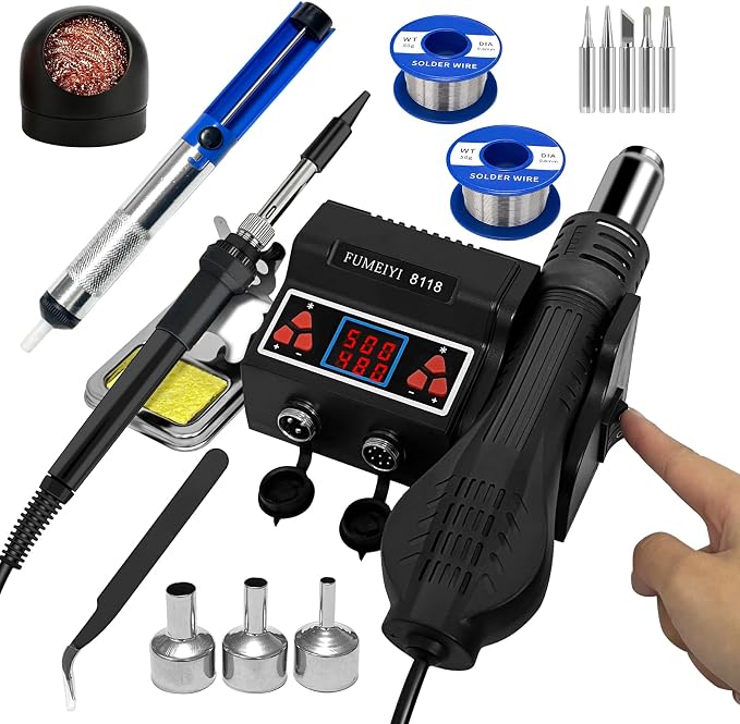 8118 Soldering Station Kit: Includes an 8118 hot air gun, 2 rolls of solder wires, 5 soldering tips, a simple stand, a desoldering pump, and a pair of curved tweezers