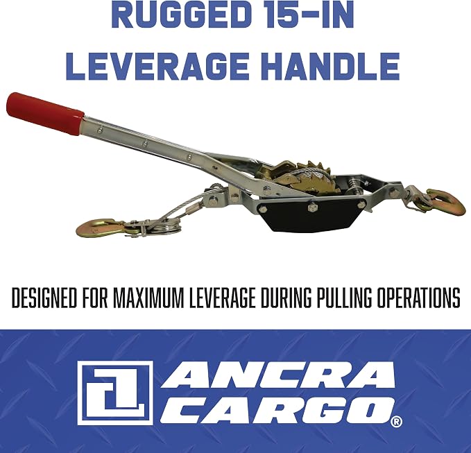 Ancra Cargo Cable Puller, Double Line 2-Ton Standard, 3/16" Aircraft Grade Galvanized Steel Cable with Pulley Block, Drop-Forged Steel Slip Hooks with Included Safety Latch