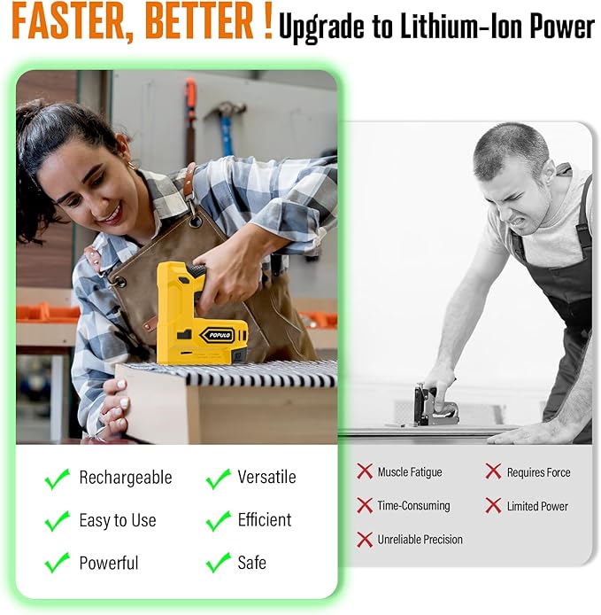 POPULO Electric Staple Gun, 2 in 1 Electric Stapler Tacker 4V Cordless Brad Nailer Kit, Battery Powered Nail Gun for Upholstery, Carpentry, DIY with Staple Remover, 1600 Staples and Nails, Yellow