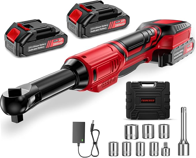 3/8 Cordless Ratchet Wrench Set, 60FT-LBS Extended Electric Ratchet with 400RPM Variable Speed, 21v Power Ratchet with 2x2.0Ah Battery, 7 Sockets, 1/4 Adaptor, 3"Extension Bar