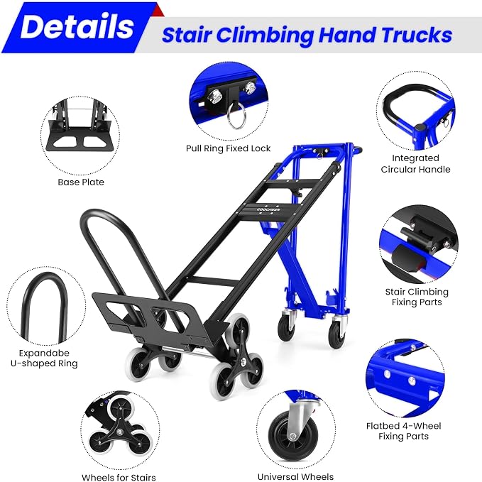 4-in-1 Hand Truck Dolly Heavy Duty Industrial Convertible, 1000 LBS Stair Climbing Cart Utility Cart Converts from Hand Trucks Dolly to Platform Cart Folding Stair Climbing Cart (Blue)