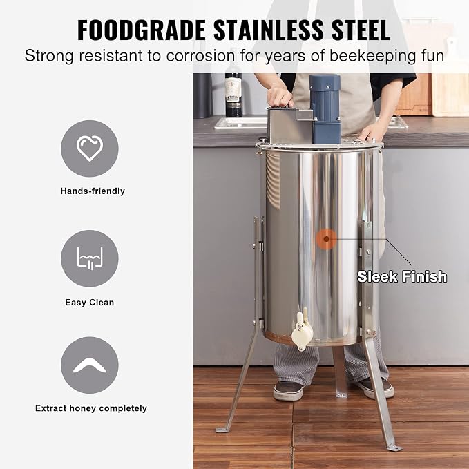VEVOR Electric Honey Extractor, 2/4 Frame Stainless Steel Beekeeping Extraction, Honeycomb Drum Spinner with Transparent Lid, Apiary Centrifuge Equipment with Height Adjustable Stand