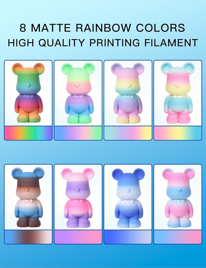 PINBALL Matte Rainbow PLA 3D Printer Filament 1.75mm Multi-Color Changing Filament 3D Printing PLA Filament Dimensional Accuracy +/- 0.02mm 8 KG 8 Colors