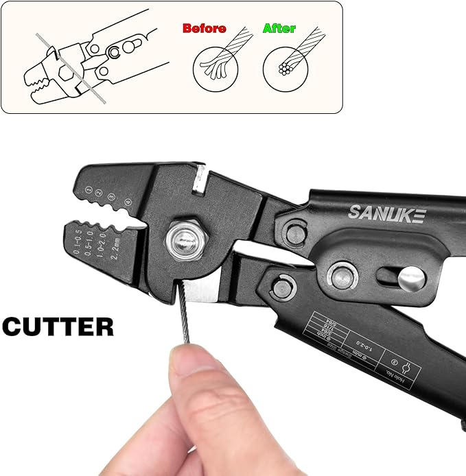 Sanuke Wire Rope Crimping Tool for 3/64 5/64 1/16 Wire Rope with 3 Sizes Stainless Steel Cable, 150pcs Crimping Loop Sleeves, 10pcs Thimbles and A Portable Bag