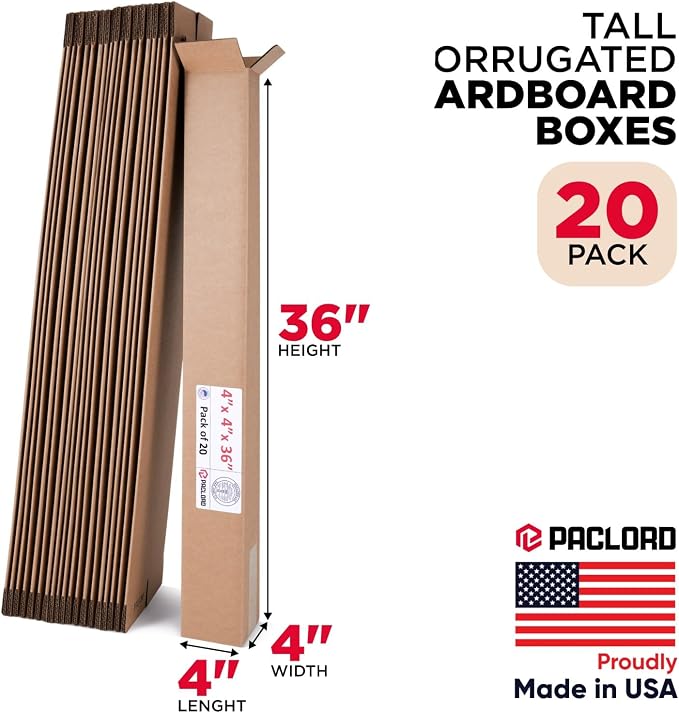 Tall Cardboard Boxes 4"L x 4"W x 36"H (Pack of 20) - USA-Made Packing Boxes for Moving, Shipping, or Storage - USPS, UPS, FedEx Approved - Professional Packing Supplies for Moving | USA-Made Packing Boxes for Moving, Shipping, or Storage - USPS, UPS, F...