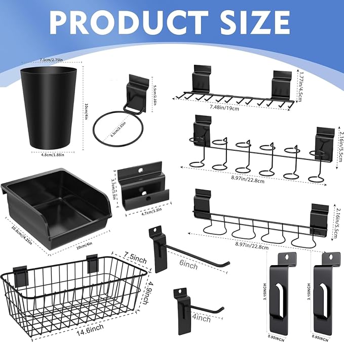 43 Pc Slatwall Organizer Kit with Hooks, Shelves, Baskets, Bins, Cups, Screwdriver Holder for Tool Organization (Black)