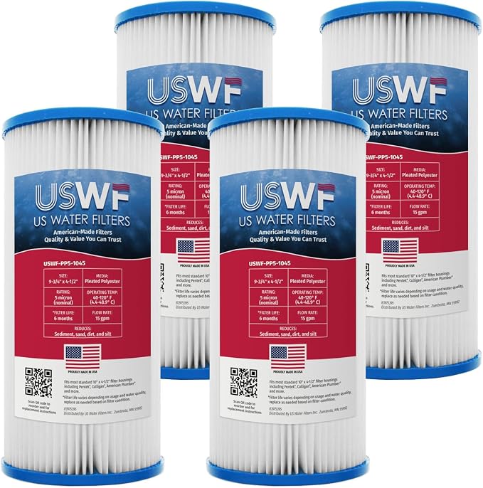 5 Micron 10 Inch x 4.5 Inch | 4-Pack Pleated Polyester Whole House Sediment Replacement Cartridge | Compatible with Culligan CP5-BBS, Hydronix SPC-45-1005 | Made in the USA, US Water Filters