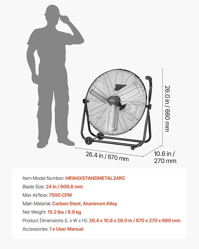 VEVOR Industrial Shop Fan, 24 Inch Floor Drum Fan, High Velocity 7500 CFM, Heavy Duty Aluminum Blades, 3 Speeds, 360 Degree Tilt, Ideal for Commercial, Garage, Warehouse, Basement, Workshop, Black