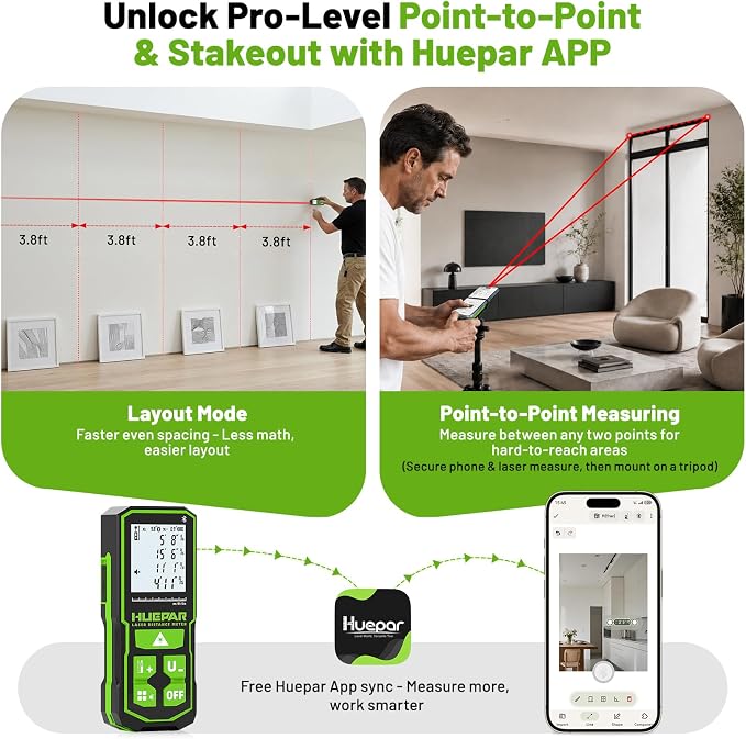 Huepar 330Ft Laser Measuring Tool with APP, 5 Years Warranty, Rechargeable Bluetooth Distance Meter, 1/16in Accuracy, Angle Sensor, Multiple Modes, IP54, Home&Construction, Fathers Days Dad Gifts