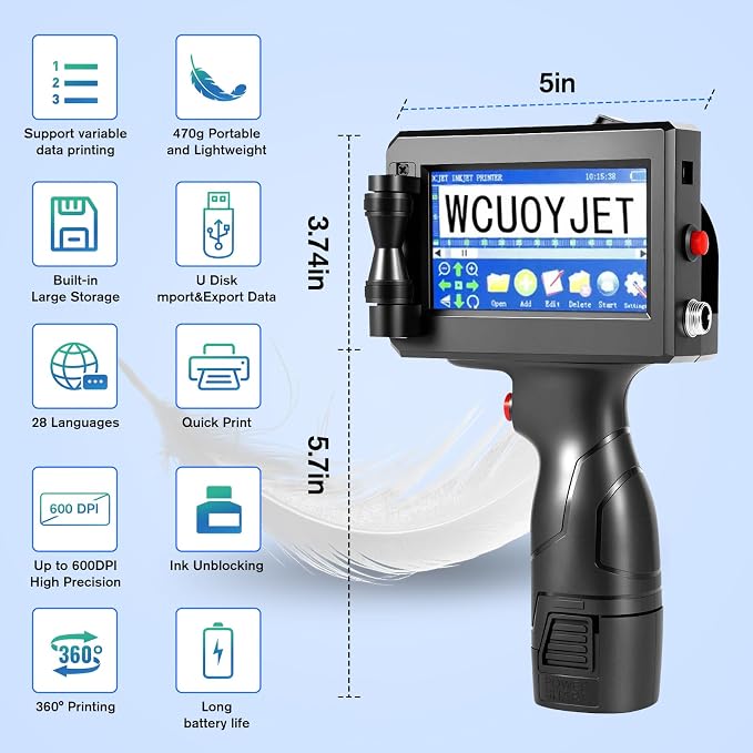 Handheld Inkjet Printer & Coding Machine, WUOYJET TIJ770 Portable Inkjet Printer Gun with 42ml Quick-Dry Ink Date/Batch/QR Code/Barcode/Image Printing