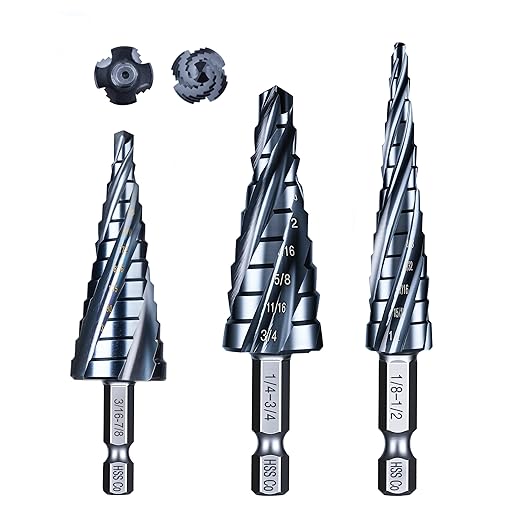 toolant Four Spiral Flute Cobalt Step Drill Bit Set(Pro Max), 1/8"-7/8"(3pcs) Impact Ready Unibit Step 1/4" Hex Shank Step Bits for Metal, Stainless Steel, Aluminum, Wood, Plastic