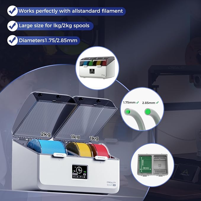 Creality Filament Dryer 4 Spools, SpacePi X4L Filament Storage Box: Dual Independent Heating Chambers Up to 75℃, Double Safety Protection, Moisture-Proof Sealing Design for PLA, PETG ABS