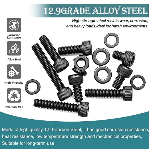 mxuteuk 204PCS M6 Screws,M6x8/10/12/16/20/25/30/35mm Hex Socket Head Cap Bolts with Nuts & Washers,12.9 Grade Alloy Steel Black Zinc Screws Assortment Kit for 3D Printing,DIY