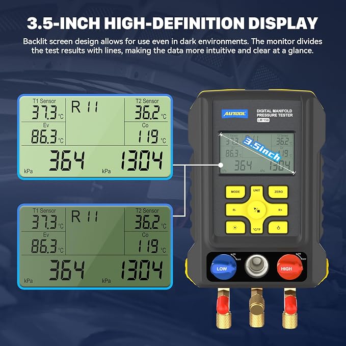 AUTOOL AC Manifold Gauge Set, Incl. 2X Pipe Clamp Thermometer, 1x Digital HVAC Gauge, Set of 3 Hoses – AC Gauge Set, with Evacuation Mode, Refrigerant Mode and Pressure Leak Test