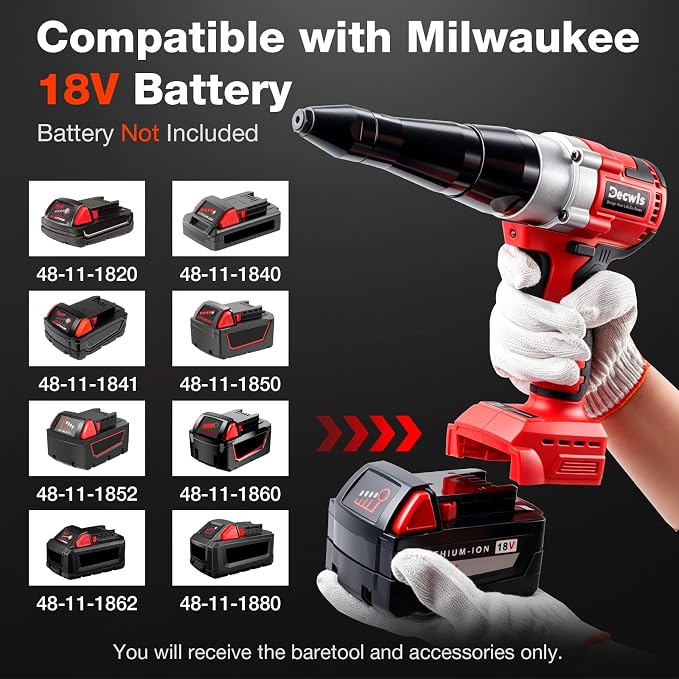 Cordless Rivet Gun Electric Compatible with Milwaukee 18V Battery(Only Tool), Brushless Pop Rivet Gun Kit for Stainless Steel & Aluminum Rivets 1/8'', 5/32'', 3/16", Blind Riveter Tool