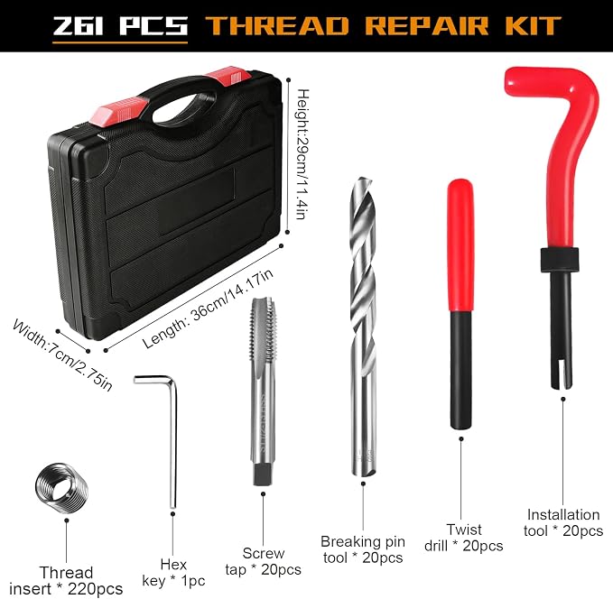 301Pcs Helicoil Thread Repair Kit, Metric & SAE Rethreading Tool | Multi-Size Kit with HSS Drill Bits Inserts Taps Break Off Tools for Automotive Engine, Spark Plug, Stud Bolt Repair