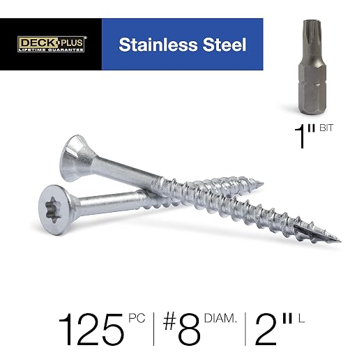 Deck Plus 2 Inch Epoxy Coated Exterior Wood and Fence Screws #8 x 2 Torx/Star Drive Included Coarse Thread, Outdoor Rust Resistant Decking Screw, Silver, 1lb Box, 125 Pieces | 48463