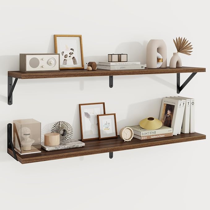 Floating Shelves 8 Inch Deep, 36W x 8D Wall Shelf Set of 2, 60 lbs Heavy Duty Reversible Metal Brackets, Industrial Book Shelf for Living Room Kitchen Bathroom Bedroom Gallery Wall, Walnut