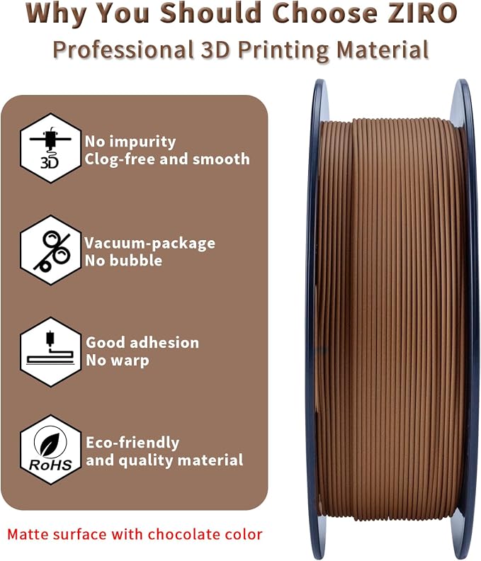 ZIRO 3D Printer Filament Bundle, Matte 1.75mm PLA Filament, Basic Colors PLA Series 4 Pack, 3D Printing Material, 1.75mm 2.2lbs x 4 Spool, Black, White, Military Green, Chocolate