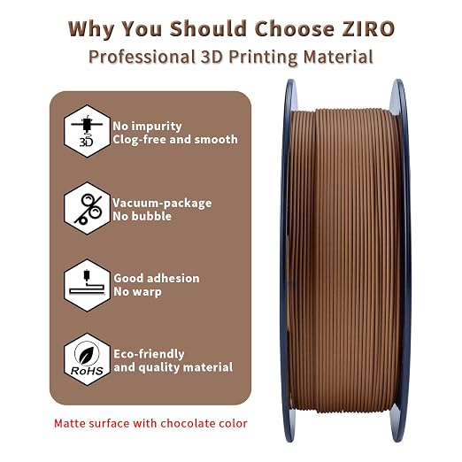 ZIRO Matte PLA Filament 1.75mm, Pure Color No-Shine 3D Printer Filament, High Toughness 3D Printing Material, Dimensional Accuracy +/- 0.03mm, Chocolate(Matte)