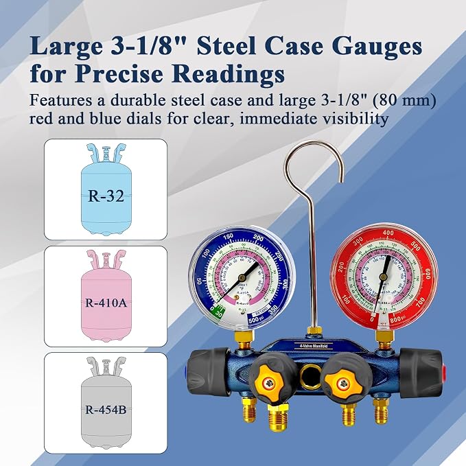 49974 A2L 4-Valve Test and Charging Manifold with 3-1/8" (80 mm) Gauges HVAC Manifold for R-454B R-32 R-410A A/C Manifold Gauge (No Hoses)