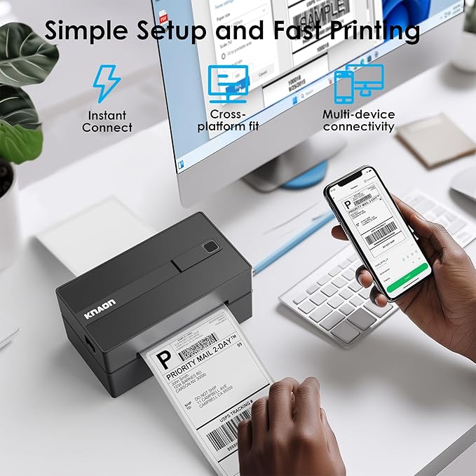 KNAON Bluetooth Thermal Shipping Label Printer, 4x6 Portable Thermal Address Label Printer for Small Business, Compatible with iPhone,Android,Windows,Mac,–Works with Etsy Shopify USPS&More, Black