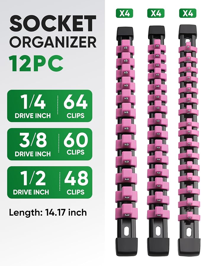 ALOANES 12PC Socket Organizer, Socket Rails Fit 1/2", 1/4" and 3/8" Drive | Heavy Duty ABS Socket Holders Hold up 172 Sockets for Mechanics Toolbox Drawer Bags(Pink)
