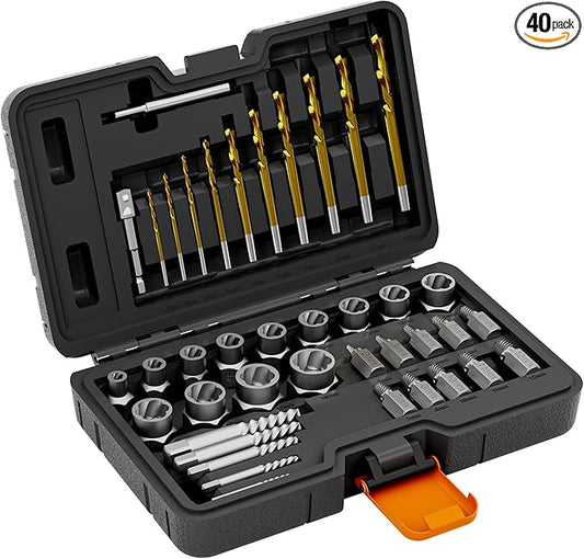 40-Piece Metric Bolt & Screw Extractor Set with Left Hand Cobalt Drill Bit Set, Easy Out Broken Stripped Screw Removal Tool for Damaged, Frozen, Studs, Rusted, Rounded-Off Bolts, Nuts & Screws