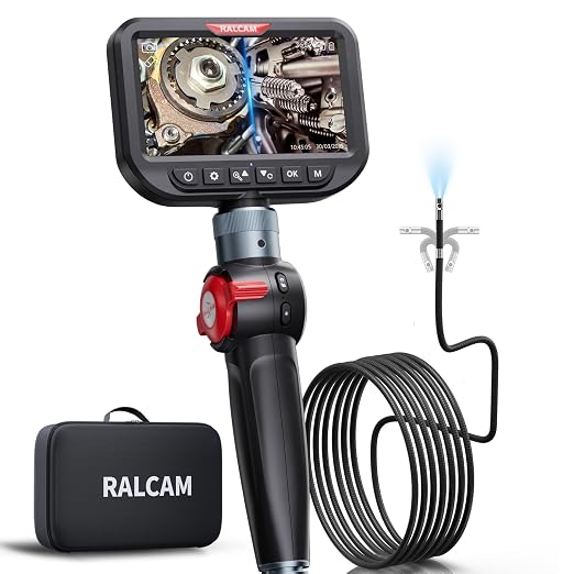 RALCAM Dual Lens Articulating Borescope, 10FT Semi-Rigid Inspection Camera with 5" HD Screen, 8.5mm Slim Waterproof Probe, Two-Way Endoscope Camera with Light for Automotive, HVAC, Pipes