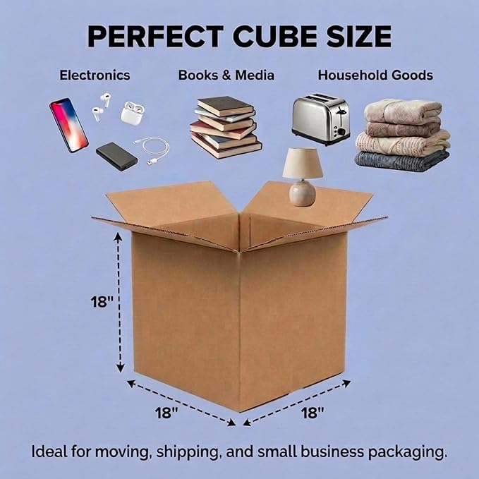 Box USA Cube Shipping Boxes 18"L x 18"W x 18"H (20-Pack) - Medium Corrugated Cardboard Packaging Boxes for Shipping, Packing, Moving, and Storage at Home, Office, or Business