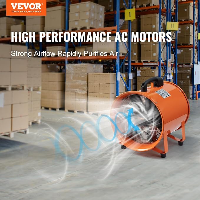 VEVOR Air Mover Blower Fan 8 Inch, 1070CFM 195W with 16.4ft Flexible Duct, Industrial Portable Ventilator Blower/Exhaust