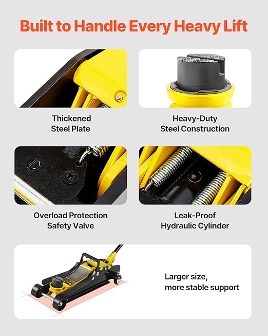 VEVOR 2.5 Ton Low Profile, Heavy-Duty Steel Racing Floor Jack with Single Piston Lift Pump, Lifting Range 3.35"-14.96"