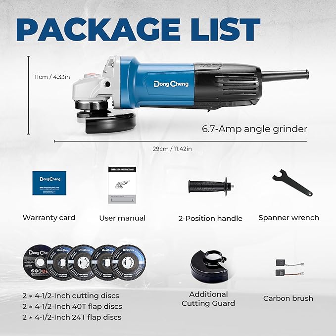 DongCheng Angle Grinder 4-1/2 inch 6.7-Amp Paddle Switch 11800RPM Power Electric Grinder Tools with Cutting & Grinding Wheels, Flap Discs, Auxiliary Handle for Metal & Rust Removal, Beginner-Friendly
