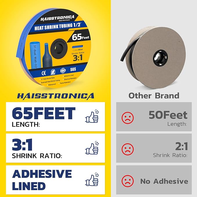 haisstronica 3:1 Heat Shrink Tubing, Shrink Ratio Adhesive Lined Marine Grade Heat Shrink Tube for Home, Automotive and Industrial (Blue) 65FT 1/2inch
