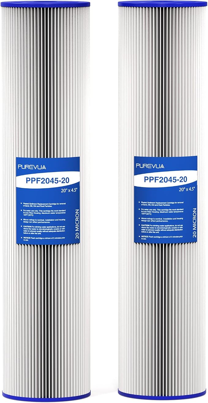 2-Pack 20" x 4.5" Pleated Sediment Water Filter Cartridge, 20 Micron High Flow Whole House Water Filter Replacement for Well Water, Compatible with ECP20-20BB, SPC-45-2020