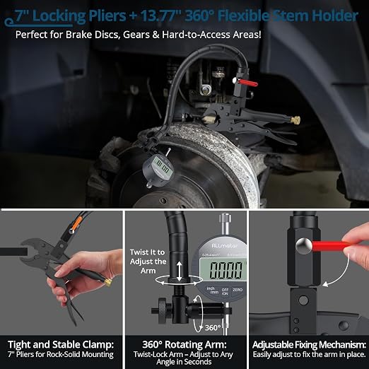 Disc Brake Rotor Gauge Dial Indicator 0-1"/0.0005" Digital Dial Indicator Runout Gauge Ball Joint Runout with 360° Flexible Stem & Locking Pliers for Automotive,Mechanical,Industrial