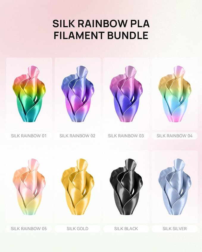 TECBEARS Silk Rainbow PLA+ 3D Printer Filament Bundle for Bambu 3D Printers | Fast Color Change Each 8 Meters, Silky Glossy PLA Plus, 250g Spool, 8 Rolls, 2kg Total, Individually Vacuum Packed