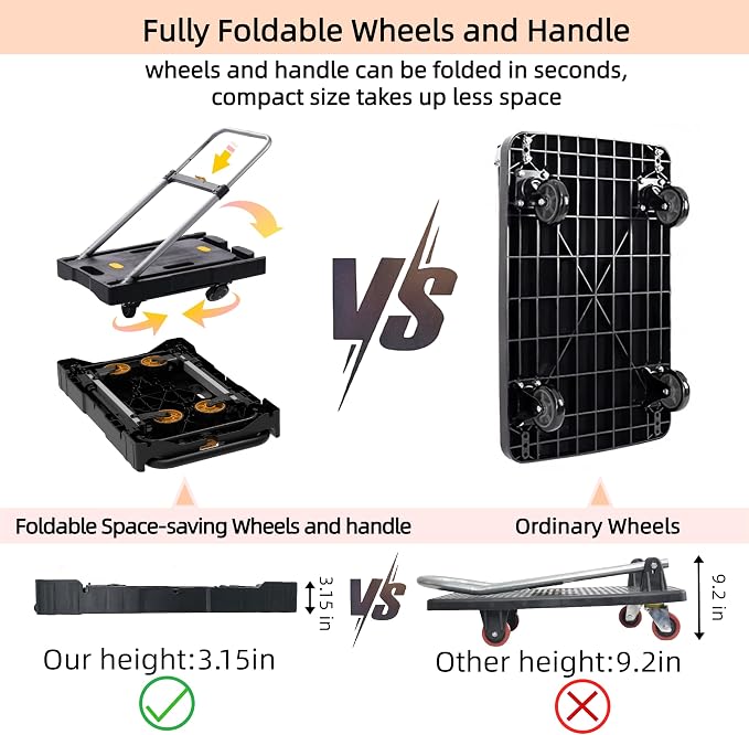 Platform Truck Folding Hand Truck 300 LB Heavy Duty Utility Dolly Flatbed Luggage Push Cart Fully Folded Compact Cart, Portable Trolley with 1 Elastic Ropes, Easy Storage & Lightweight for Moving