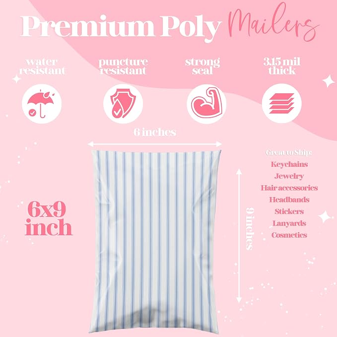 Pretty Package Store 6x9 Designer Poly Mailer 100 Pack Heavy Duty Waterproof Self Seal Shipping Bags for Small Business Large Mailing Envelopes Bulk Tear Resistant Packaging Blue Stripe