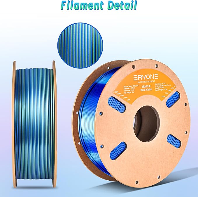 ERYONE Silk Dual Color PLA Filament 3D Printer 1.75mm +/- 0.03mm, Bicolor Filament Two Tone PLA Bundle 2KG Cardboard Spool, Blue Green